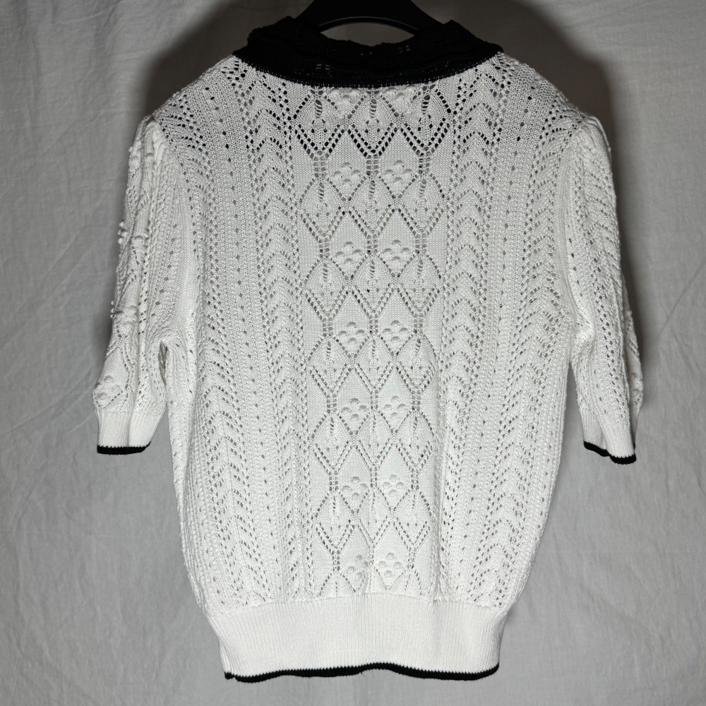 LOFT White Pointelle Knit Peter Pan Collar Tie Neck Short Sleeve Sweater S NEW - Picture 2 of 6